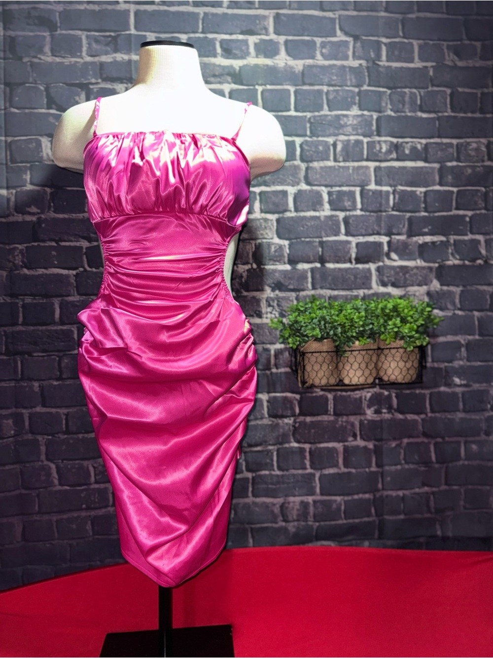 Fuchsia Satin Ruched Midi Dress with Spaghetti Straps